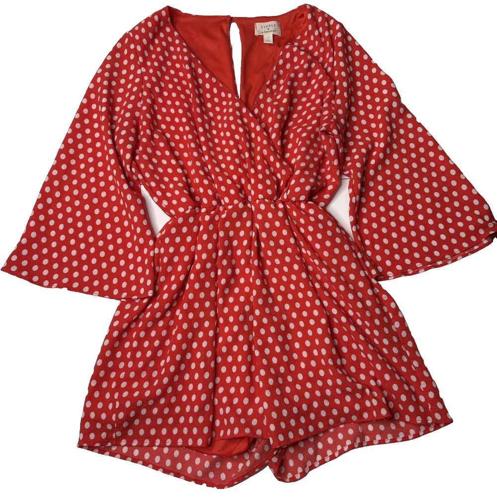 Everly Romper Womens Large Red White Polka Dot Bell Sleeve by‎ Francesca's